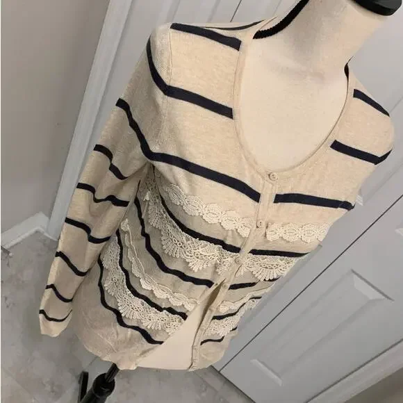 Flying Tomato oatmeal with navy stripes and lace details long sleeve cardigan M - Picture 2 of 7